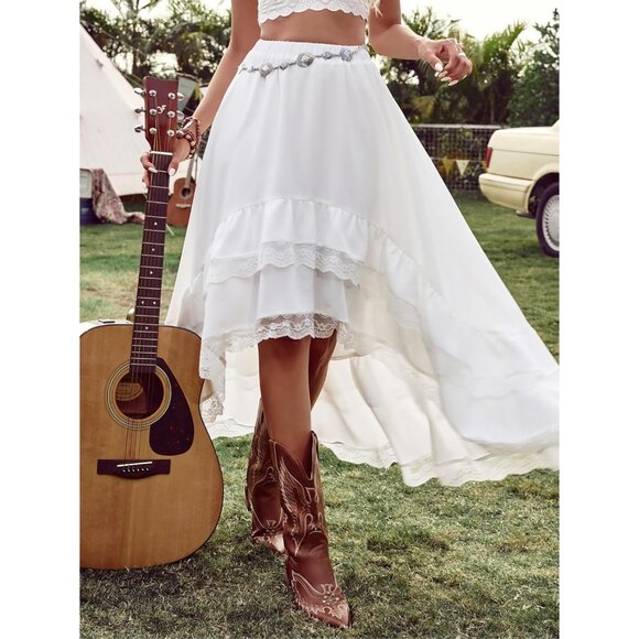 Large White Boho Lace Ruffle Skirt - Asymmetrical Cowgirl Style for Festivals - Picture 5 of 7